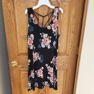 Maurices Black Floral Strappy-Back Tank Dress with Pink and Teal Blooms
